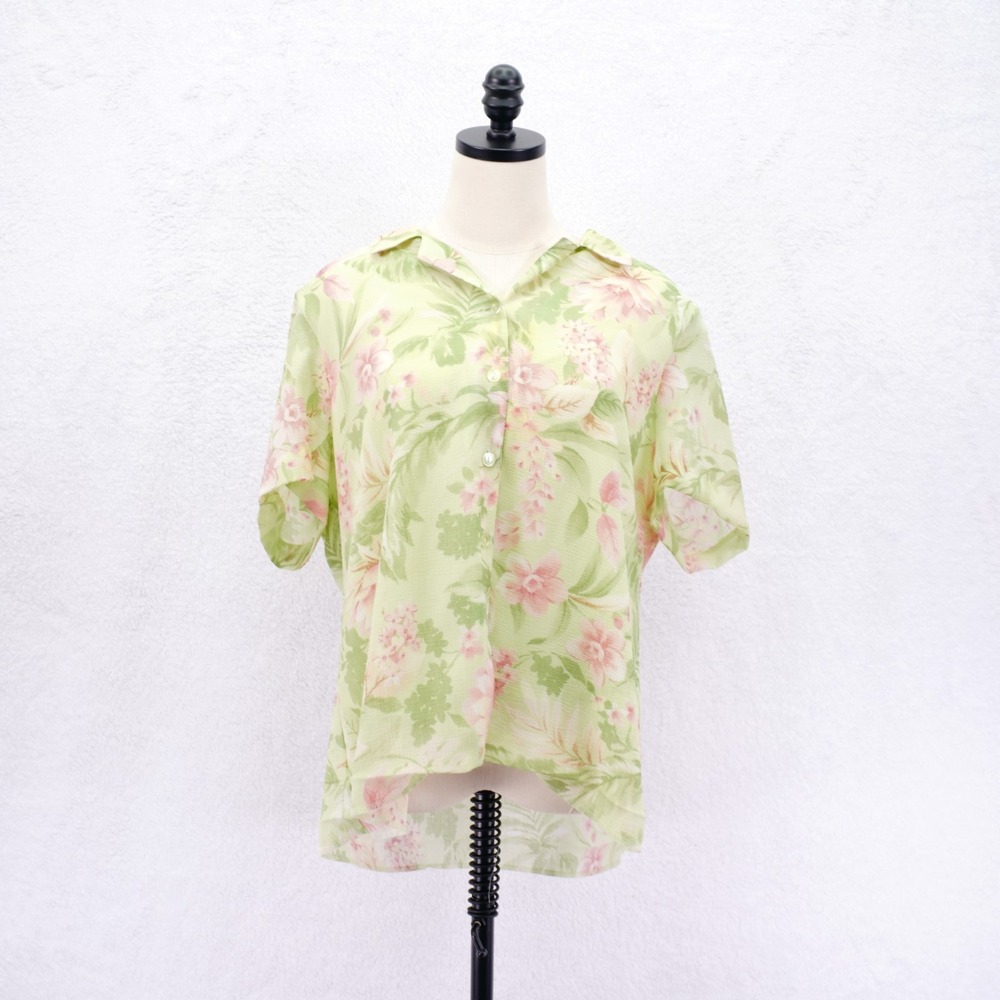 Alfred Dunner -18- Green Floral Padded Shoulders Button Up Lined Polyester Shirt